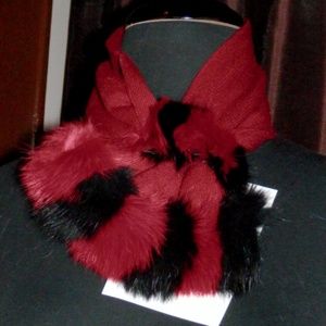 Knit with Genuine Rabbit Fur Scarf - Red and Black